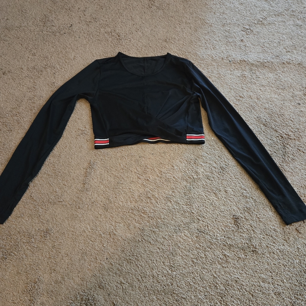 Fabletics Black Long Sleeve Crop Top with Red and White Stripes